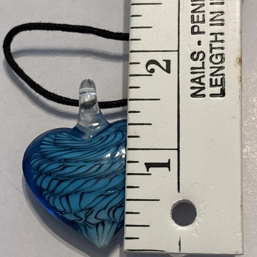 Blue Swirl Glass Heart Pendant Necklace on Leather Cord  & Earrings Murano Style